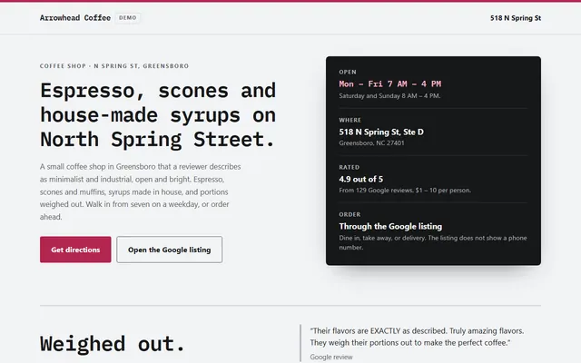Arrowhead Coffee, first screen