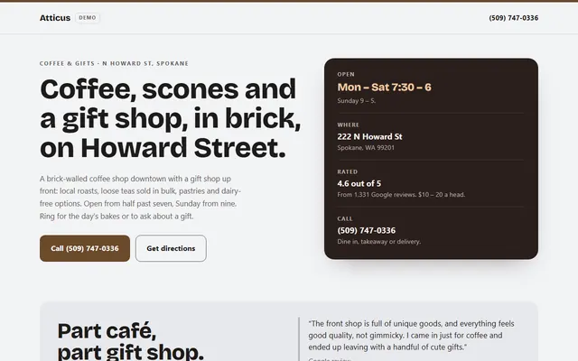 Atticus Coffee & Gifts, first screen