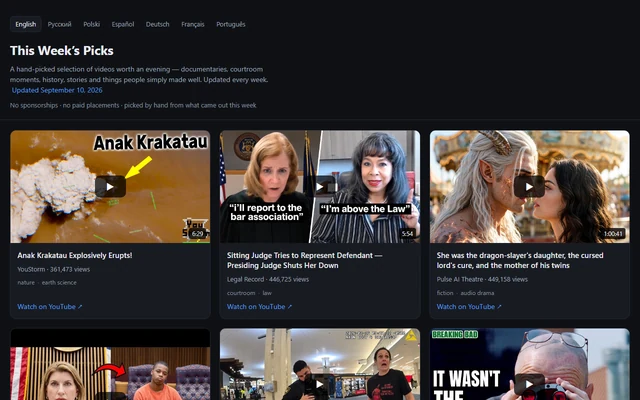 First screen of This Week's Picks, a weekly video selection