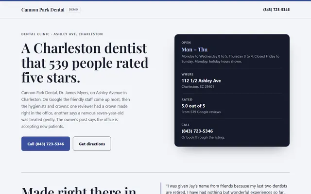Cannon Park Dental, first screen