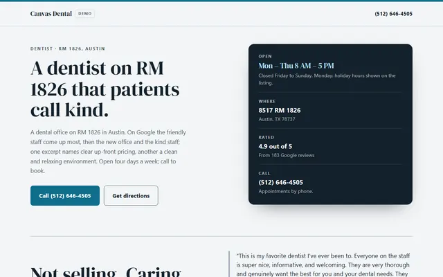 Canvas Dental, first screen