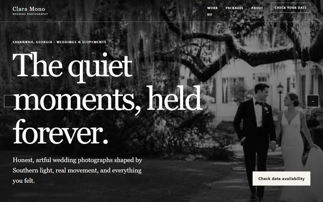 First screen of the Clara Mono wedding photography site