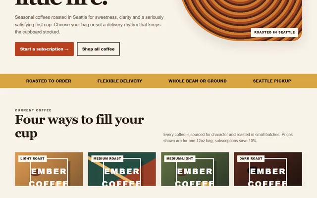 First screen of the Ember Coffee Roasters subscription shop