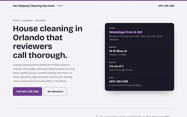 Her Majesty Cleaning Services, first screen