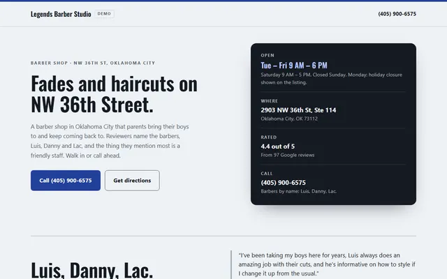 Legends Barber Studio, first screen
