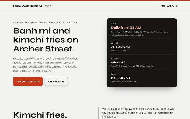 Lone Wolf Banh Mi, first screen