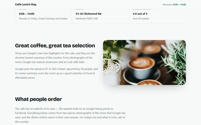 First screen of the Cafe Luna's Ray site, breakfast and coffee in Blacktown