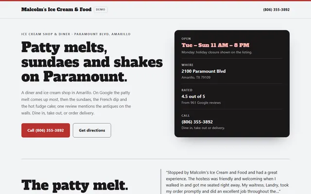 Malcolm&rsquo;s Ice Cream & Food, first screen