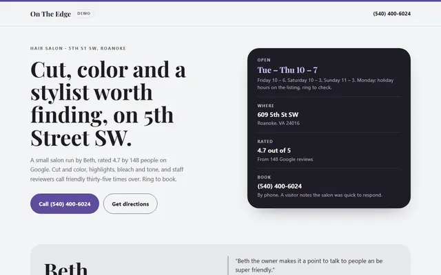 On The Edge Salon, first screen
