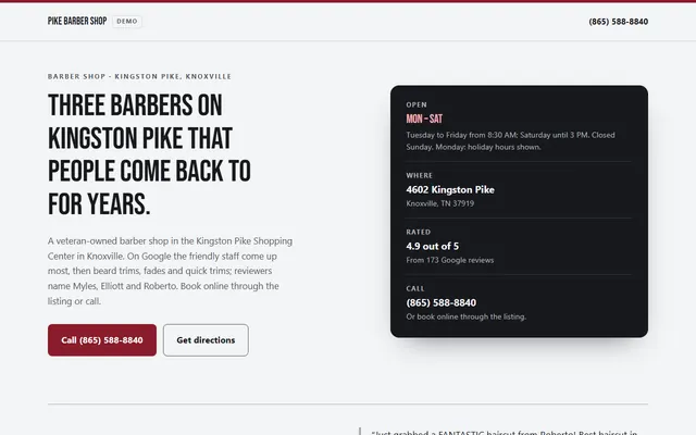 Pike Barber Shop, first screen