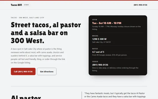 Tacos 801, first screen