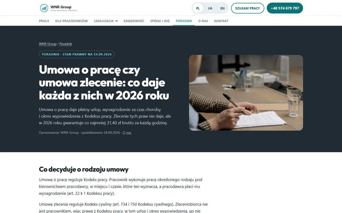 An article in the guide: employment contract or contract of mandate in 2026
