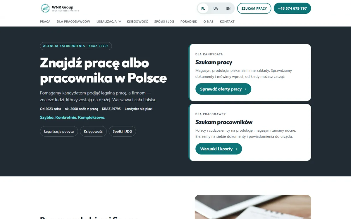WNR Group home page on a computer: one entrance for job seekers, one for employers