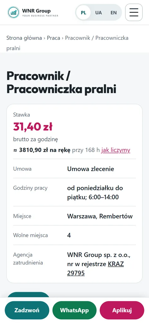 A vacancy page on a phone: hourly rate, estimated take-home pay, contract and hours