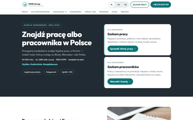 First screen of the WNR Group site, an employment agency in Warsaw